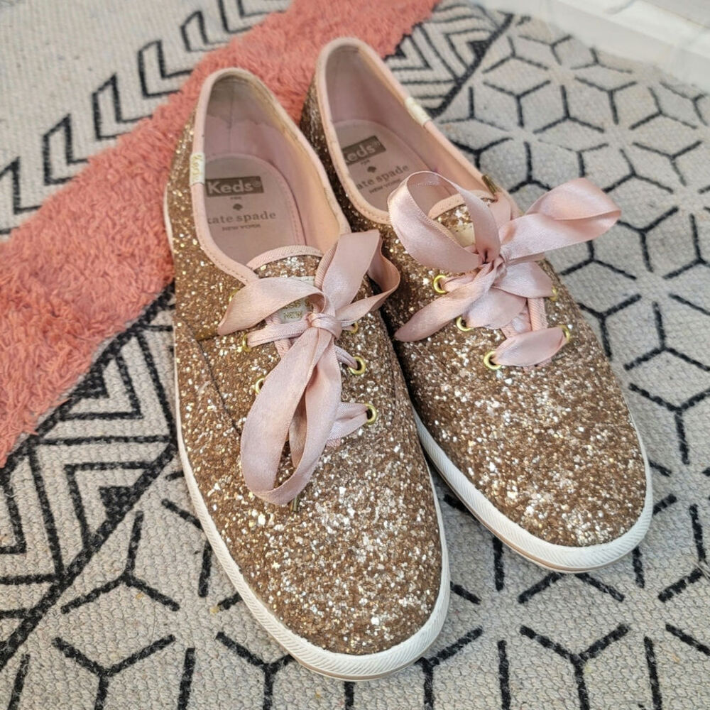 Keds Kate Spade New York Glitter Lace Up Sneakers in Rose Gold, sz 8
